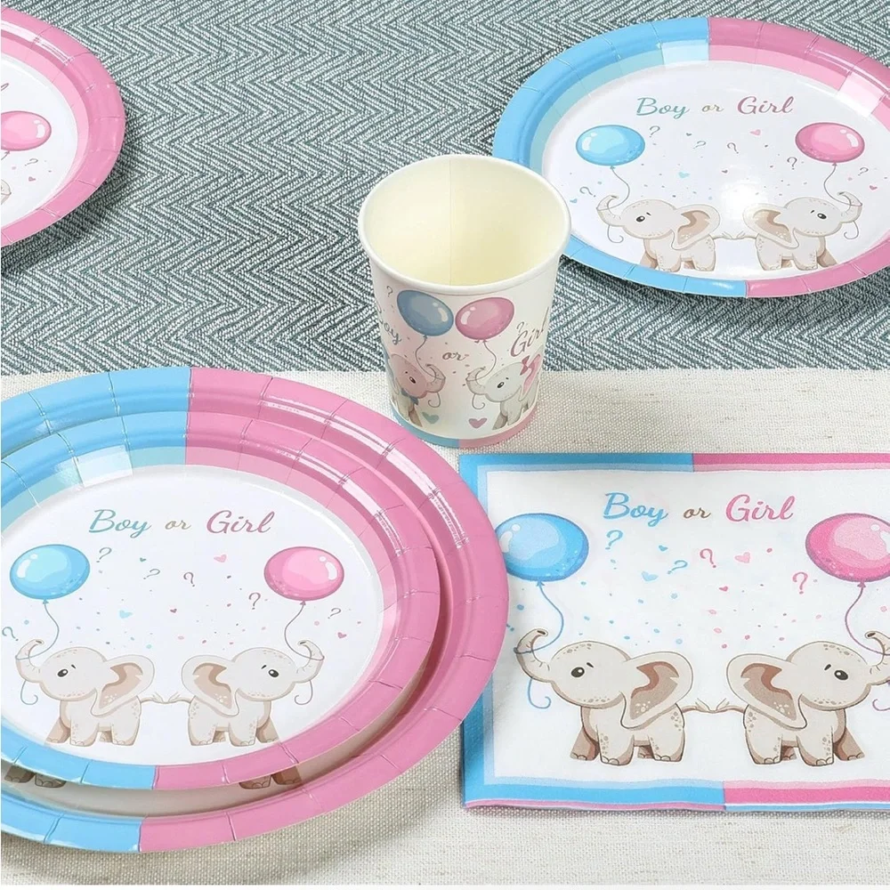 Baby Gender Decoration Kit 96 Pieces, Pink and Blue Plates Set, Boy or Girl Cups